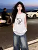 Camiseta Colete Esportivo Versátil de Verão com Estampa de Gato para Casais Homens e Mulheres 2026 Tendência Estilo Americano Sem Mangas Top 100% Algodão
