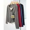 Foto Real de la Nueva Moda Primavera 2026 Talla Grande para Mujer Camiseta de Manga Larga Casual Juvenil con Bloques de Color y Hombro Curvo