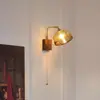 Lámpara de pared retro de estilo silencioso, cobre completo, interruptor de cremallera junto a la cama del dormitorio, lámpara de pared de fondo para pasillo de casa de huéspedes, lámpara de nogal