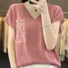 Camiseta de manga corta de ganchillo con bolsillo para mujer, de bambú y lino, cuello en V, abotonada, top fino de algodón y lino, seda de hielo, corte holgado para usar como prenda exterior
