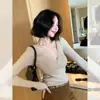 Camiseta básica de punto elegante estilo francés con cuello en V cruzado para mujer, otoño e invierno, lujo ligero, tacto de alta gama, corte ajustado, top adelgazante