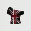 Camiseta Cropped Off-Shoulder Estilo Retrô Americano com Bandeira Union Jack e Estampa Vintage, Modelagem Justa, Manga Curta Sexy Off-Shoulder Y2K
