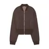 Chaqueta de béisbol corta marrón con cremallera, chaqueta bomber casual retro americana de cintura alta