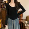 Camiseta de manga larga de terciopelo de doble cara con cuello cuadrado para otoño e invierno al por mayor de fábrica para mujer, diseño de deseo puro con borde de arco de espina de pescado, camiseta interior de manga larga versátil