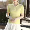 Estilo nuevo de verano algodón puro cuello camisero casual manga corta tejido calado moda torsión delgado corte ajustado camiseta top para mujer