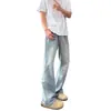 Jeans trendy estilo americano para rua masculina, nova coleção primavera/outono, calça casual reta de caimento solto com leve boca de sino, calça wide leg moderna