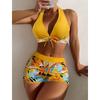 Traje de baño de dos piezas con estampado patchwork de estilo europeo y americano, con cuello halter de atar y shorts tipo bóxer para mujer, conjunto de bikini conservador para vacaciones