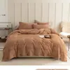 Juego de Cuatro Piezas de Algodón Puro Estilo Japonés de Lujo Ligero, Estilo Sencillo, Funda Nórdica con Tejido Jacquard Lavado, Funda de Colcha, Sábana Ajustable, Sábana Plana, Ropa de Cama