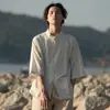 Camisa Zhongshan de Lino Estilo Chino para Hombre Manga Siete Octavos Abrigo Tang Estilo Chino Algodón y Lino Casual Camisa Fina Verano Juvenil Trendy
