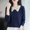 Cardigan fino de lã 6 para mulheres, lapela, primavera e outono, macio, de abotoamento simples, para o trabalho, emagrecimento, manga longa, jaqueta de tricô