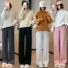 Pantalones de Pierna Ancha de Chenilla con Patrón de Espiga de Trigo para Mujer Primavera Otoño Invierno Cintura Alta Sueltos Pierna Recta Forro Polar Negro Ajuste Delgado de Punto Casual