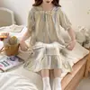 Camisola de Manga Curta de Verão Crepe de Algodão Imitação Algodão Bolha Renda Pijama Vestido Amplo Plus Size Roupa de Casa