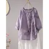 Camisa vintage bordada estilo chinês artístico, modelagem solta, emagrecedora, leve, com mangas curtas, tipo pulôver para o verão