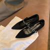 Zapatos de Estudio Elegantes de Piel Genuina con Punta Fina y Tira de Pedrería, Estilo Vintage, Zapatos de Piel de Oveja Suave de Gamuza de Terciopelo con Boca Baja para Mujer