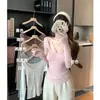 Blusa básica canelada slim fit de manga comprida, doce, para mulheres, outono e inverno, gola U, estilo coreano puro e desejável, rosa