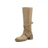 Hebilla de cinturón estilo vintage, botas apiladas con tacón grueso de 5.5 cm, nuevas botas de montar de caña alta para mujer, botas de motociclista desgastadas para mujer