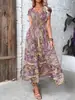 Vestido Largo de Algodón de Color Sólido con Cuello Redondo y Manga Corta, Estilo Vacacional Popular Transfronterizo 2024, Estilo Elegante de Primavera y Verano