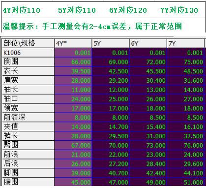 K字开头的中小童尺寸
