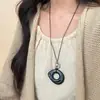 Colar Pingente Anel Longo de Vidro Preto para Mulheres, Estilo Chinês Novo Vintage, Acessório de Alto Padrão, Corrente para Suéter de Luxo Leve