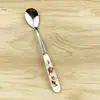 Venta al por mayor de fábrica mango de cerámica de acero inoxidable patrón floral exportación transfronteriza Amazon tamaño pequeño cuchara para remover tenedor de fruta