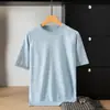 Camisa de malha masculina de luxo leve transfronteiriça, manga curta, casual, versátil, camiseta suéter simples, lã fina, leve para negócios, gola redonda