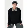 Moda Masculina Nueva Otoño 2026: Camiseta de Manga Larga con Cuello Polo de Corte Holgado con Diseño Falso de Dos Piezas y Cuello de Cuadros en Contraste