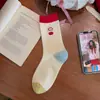 Calcetines de algodón de estilo japonés, dulces, de dibujos animados, con bordado de manzana, para mujer, de caña media, con volantes, calcetines apilados de encaje estilo colegial, femeninos