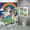 Cortina de Ducha Divertida de Dinosaurio y Unicornio Juego de Cuatro Piezas Alpaca Espacial Impresión Digital Cortina de Ducha Impermeable para Baño y Alfombrilla de Piso