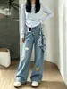 Chao Li tem em estoque jeans retrô tridimensional com bordado de desenho animado para mulheres, novo estilo de outono, calças retas versáteis de perna larga soltas