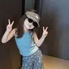 Ropa para Niños Conjunto para Niñas 2026 Verano Nuevo Moda Coreana Ropa para Niños Pequeños Chaleco Pantalones Azules Estampados Conjunto de Dos Piezas