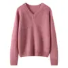 Suéter de cachemira para mujer de otoño e invierno, cuello en V, engrosado, color liso, corte holgado, casual, top de punto adelgazante