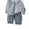 Conjunto de Primavera y Otoño para Niños 2026 Nueva Moda Suéter Chaqueta Camisa Cárdigan Rayado Jeans Conjunto de Tres Piezas