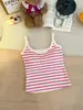 Camisola Rayada Color Block con Cuello en U Dulce y Picante para Mujer, Adecuada para Usar Tanto por Dentro como por Fuera, con Copas Fijas en el Pecho, Corte Ajustado, Top Versátil, Moderno