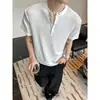 Popular Camiseta Henley Gris Oscuro tipo Lino para Hombre, Camisa Polo de Manga Corta de Verano Relajada Estilo Old Money, Ajuste Regular en Hombros Estilo Americano
