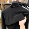 Camiseta térmica de otoño e invierno para hombre hecha de seda de morera y lana, con cuello semi-alto, color liso, forro polar cálido de doble cara, camiseta de manga larga
