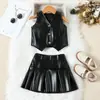 Conjunto de Duas Peças para Meninas Primavera e Outono Moda Gola V Top Colete de Couro PU Saia Plissada Conjunto de Duas Peças