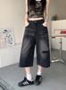 Jeans Americanos Retro Negros Rotos para Mujer, Verano de Cintura Alta Sueltos Rectos de Pierna Ancha Recortados para Figuras Petite