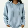 Moletom de tricô com capuz transfronteiriço europeu e americano 2026 para mulheres, pulôver de outono e inverno com bolsos com cordão, suéter feminino casual de cor sólida