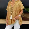 Verano Europeo y Americano Amazon Manga Corta Casual Moda 2024 Nuevo Cuello en V Jersey Lentejuelas Top Camiseta Suelta para Mujer