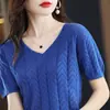 Camiseta de Algodón Puro con Cuello en V, Calada, Manga Corta para Mujer, Diseño Versátil Primavera/Verano, Tejido Calado Simple y Elegante al por Mayor