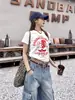 Camiseta de Algodón de Manga Corta Famosa en Internet con Estampado Imp Cuello Redondo en Hombro Corte Ajustado Adelgazante Top Estilo Spice Girl Verano Nuevo