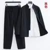Traje Tang Primavera e Verão Masculino Estilo Chinês Algodão e Linho terno Roupas Chinesas Manga Longa Três Peças Roupas de Linho Moda Nacional Roupas de Chá