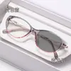 Gafas de Moda Fotocromáticas Incrustadas de Diamantes, Estilo Ojo de Gato Transfronterizo de Lujo Ligero, Gafas de Miopía Anti-Luz Azul de Gama Alta
