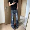 Jeans Retro de Retazos Azules a Rayas Micro Acampanados para Hombre Estilo Otoñal Vibe Americana Pantalones de Corte Limpio Pierna Recta