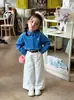 Otoño 2026 Nuevo Estilo Coreano Ropa Infantil Niñas Camisa de Color Sólido Azul de Alta Calidad Bordado de Lino Moda Camisa Top