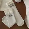 Calcetines para mujer, estilo coreano, con encaje y etiquetas de tela, de longitud media hasta la pantorrilla, con un dulce lazo y estampados florales, calcetines largos, calcetines de lunares con volantes estilo japonés
