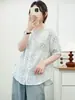 Camisa de manga corta con cuello de encaje de gasa de algodón de doble capa para mujer, estampado artístico vintage, suave, hipoalergénica, transpirable, top de algodón puro