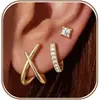 Conjunto de Brincos Europeu e Americano em Forma de X com Zircônia para Mulheres, Brincos de Luxo Leve, Conjunto de Brincos de Três Peças Banhado a Ouro Cobre