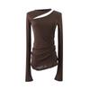 Top Luli-style microtransparente ajustado para afinar la cintura con hombro inclinado desmontable de lana Tencel para mujer, camiseta de manga larga 5305