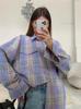 Amazon cross-border retro estilo all-match lapela solta camisa 2023 outono xadrez manga comprida bolso camisa feminina